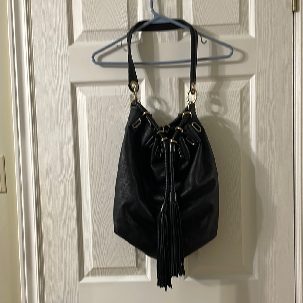DVF - Black Leathet Diane Von Furstenberg  Hobo Bag with Braided Fringe Details